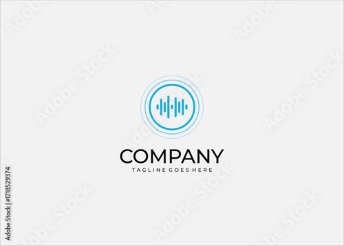 Blue sound wave circle logo representing music, audio frequency, podcasting, digital streaming, rhythm, harmony, voice, vibration, resonance, communication, and acoustic technology.