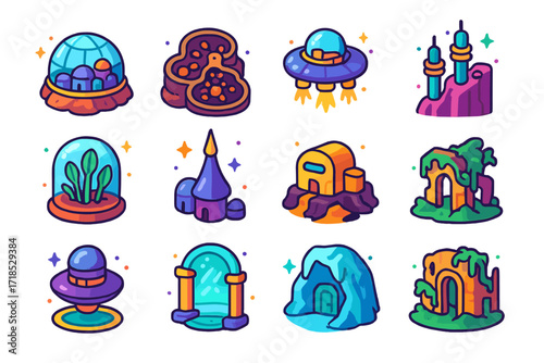 Extraterrestrial Habitat Icons. Colorful isometric vector icons set of Extraterrestrial habitats: dome colony on rocks, underground alien hive,
