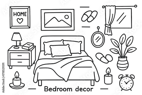 Bedroom Doodle Icons. Hand-drawn doodle illustration Bedroom decor bed, pillows, blanket, nightstand, lamp, book, alarm clock, vase, framed print, wall art,