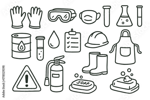 Chemical Safety Doodle. Hand-drawn doodle illustration Safe chemical handling gloves, goggles, mask, test tube, beaker, flask, barrel, droplet, clipboard,