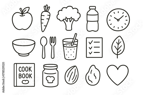Nutrition Icons Doodle. Hand-drawn doodle illustration Nutrition wellness apple, carrot, broccoli, water bottle, bowl, spoon, fork, smoothie glass, leaf,