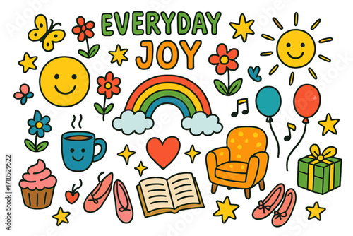 Everyday Joy Icons. Everyday Joy. Colorful Hand-drawn doodle Children illustration Everyday Joy smiling face, rainbow, sunshine, flowers, cupcake, coffee cup,