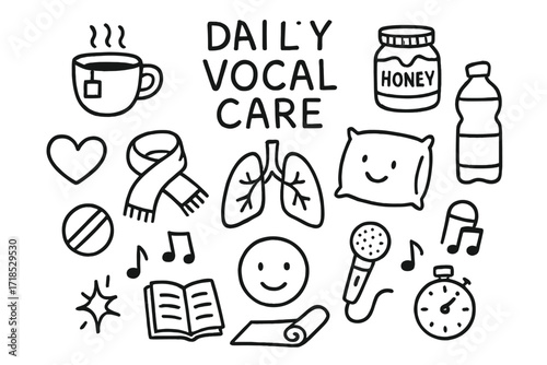 Vocal Care Essentials. Hand-drawn doodle illustration Daily vocal care routine tea cup, water bottle, honey jar, throat lozenge, scarf, heart, lungs, pillow,