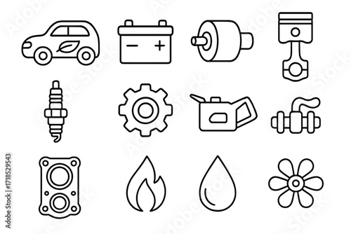 Hybrid Car Engine Doodle. Hand-drawn doodle illustration hybrid car engine battery, motor, piston, spark plug, gear, oil can, crankshaft, cylinder, flame, fuel