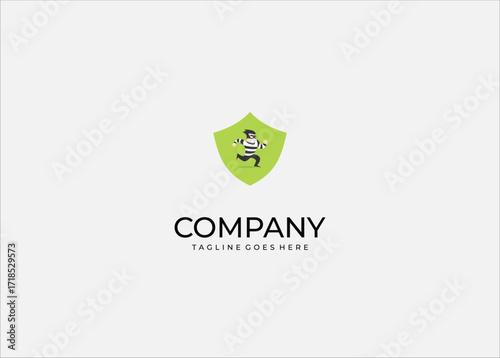 Thief running inside shield symbol representing burglary crime robbery security protection law enforcement guard criminal escape defense safety vigilance outlaw.