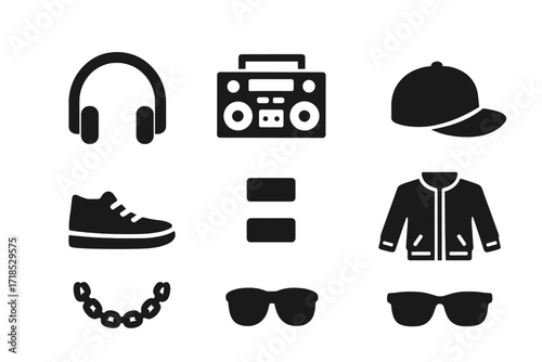 Hip Hop Essentials Icons. Solid, filled icon set of hip hop dance accessories: headphones, boombox, sneakers, baseball cap, wristbands, jacket, chains,