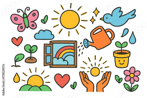 Colorful New Beginnings. Colorful Hand-drawn doodle Children illustration New beginnings sunrise, butterfly, sprouting seed, watering can, smiley plant,