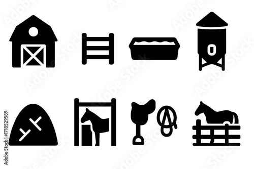 Horse Stable Icons. Solid, filled icon set of horse stables: barn, fence, water trough, feed silo, haystack, grooming stall, tack room, pasture. Solid, filled