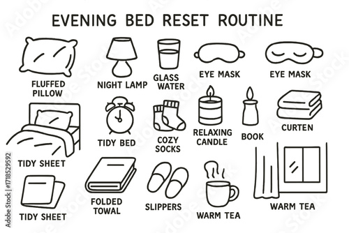 Bedtime Essentials Doodle. Hand-drawn doodle illustration [Evening bed reset routine] [fluffed pillow, night lamp, glass of water, eye mask, comforter, tidy