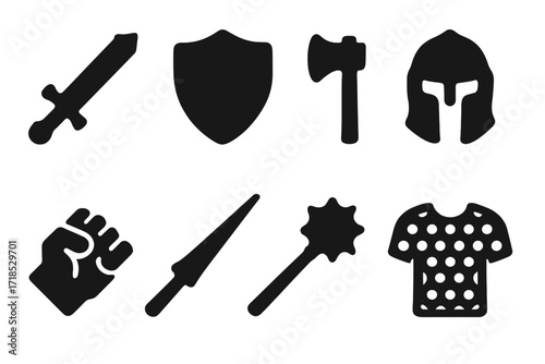 Noble Weapon Icons. Solid, filled icon set of noble weapons and defense: longsword, shield, battle axe, helmet, gauntlet, lance, mace, chainmail. Solid, filled