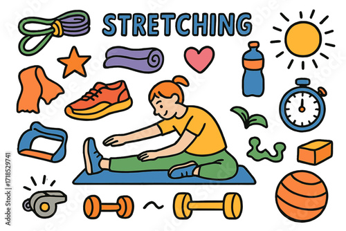 Colorful Fitness Doodles. Stretching. Colorful Hand-drawn doodle Children illustration Stretching yoga mat, resistance band, sneakers, towel, water bottle,