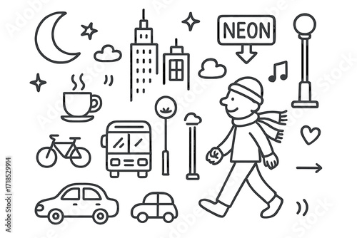 Night City Doodle. Hand-drawn doodle illustration Night city lights walk [moon, star, person walking, neon sign, skyscraper, streetlight, bus, car, bicycle,