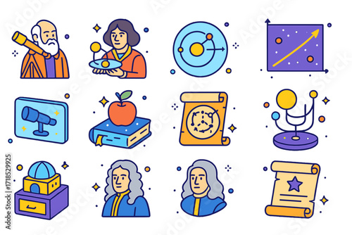 Astronomers Icon Set. Colorful isometric vector icons set of Famous astronomers and legacy: Galileo with telescope, Copernicus model, Kepler?s laws chart,