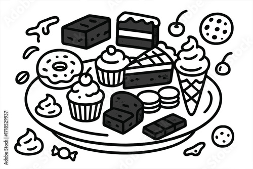 Dessert Doodle Delight. Hand-drawn doodle illustration Dessert platter, chocolate cake, cupcake, macarons, ice cream cone, donut, pie slice, brownie, tart,