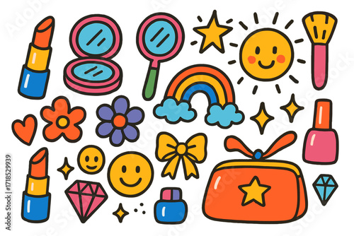 Colorful Makeup Doodle. Colorful Hand-drawn doodle Children illustration Lipstick Collection [lipstick tubes, compact, mirror, brush, star, rainbow, flower,