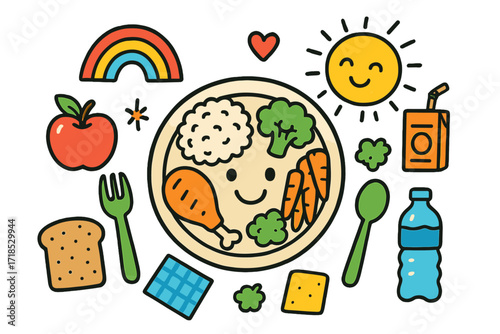 Balanced Meal Doodle. Colorful Hand-drawn doodle Children illustration Balanced meal plate smiling plate, apple, rice, chicken, carrots, juice box, rainbow,