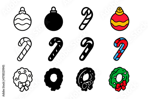Festive Icon Collection. Icon Set of Christmas decorations: bauble ornament, candy cane, Christmas wreath. Icons set in vector style, emblematic variations.