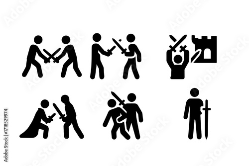 Sword Combat Icons. Solid, filled icon set of sword combat scenarios: duel, battle, training, tournament, siege, assassination, rescue, guard duty. Solid,
