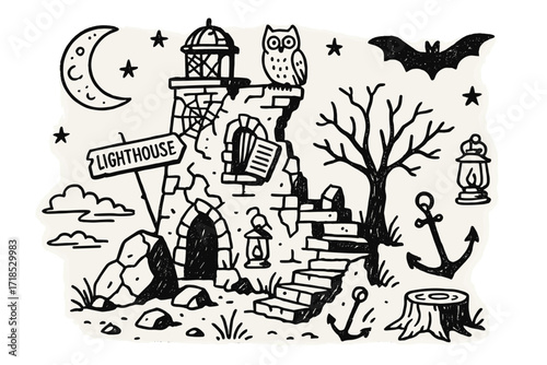 Lighthouse Ruins at Night. Hand-drawn doodle illustration old lighthouse ruins broken tower, fallen rock, wild grass, cracked stairs, owl, moon, lantern,