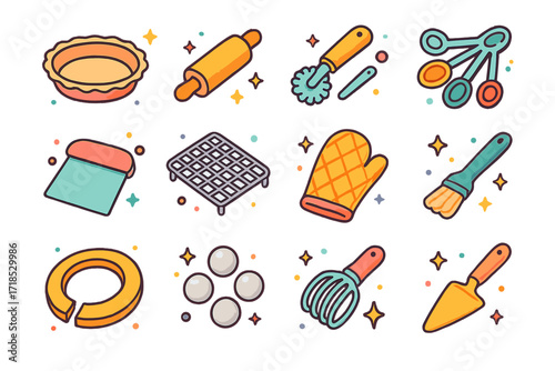 Pie-Making Tools Icons. Colorful isometric vector icons set of Pie-Making Tools: pie dish, rolling pin, pastry cutter, measuring spoons, dough scraper, cooling