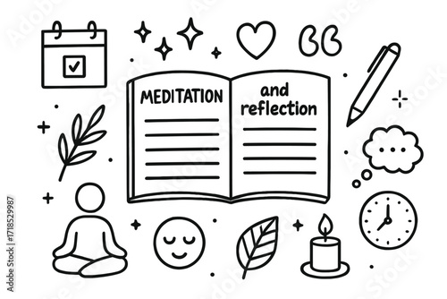 Meditation Journal Icons. Hand-drawn doodle illustration Meditation journal and reflection open book, pen, sparkle, heart icon, seated figure, quote symbol,