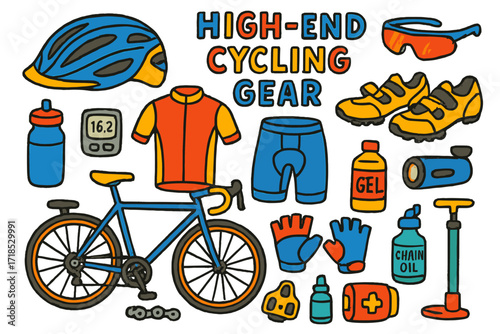 Cycling Gear Doodle Art. Colorful Hand-drawn doodle Children illustration High-End Cycling Gear helmet, carbon bike, cycling jersey, padded shorts, cycling