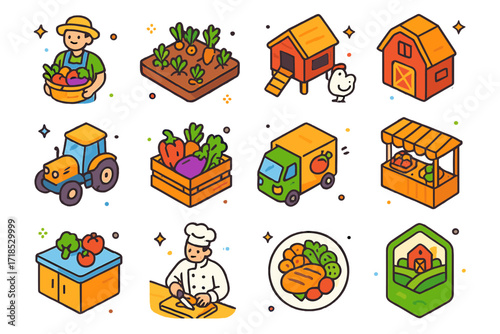 Farm-to-Table Icons. Colorful isometric vector icons set of farm-to-table process: farmer with basket, vegetable garden, chicken coop, barn, tractor, crate of