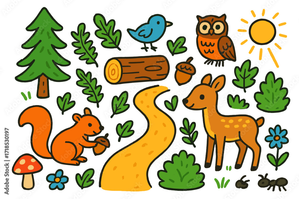 Fototapeta premium Forest Adventure Doodles. Colorful Hand-drawn doodle Children illustration Forest Walk path, pine tree, squirrel, mushroom, fern, log, bird, acorn, owl,