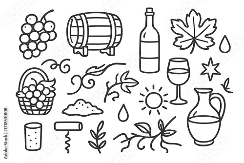 Wine Doodle Icons. Hand-drawn doodle illustration Wine making grapes, barrel, bottle, glass, vine leaf, cork, corkscrew, droplet, star, basket, tendril, soil,