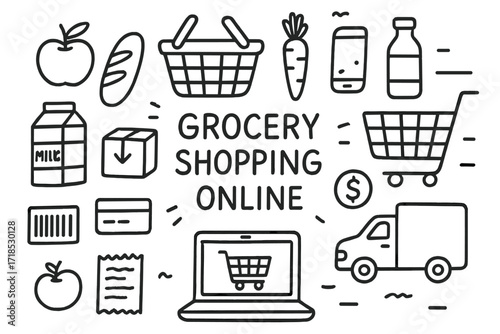 Online Grocery Icons. Hand-drawn doodle illustration Grocery shopping online [apple, bread, milk carton, basket, laptop, smartphone, package, delivery truck,
