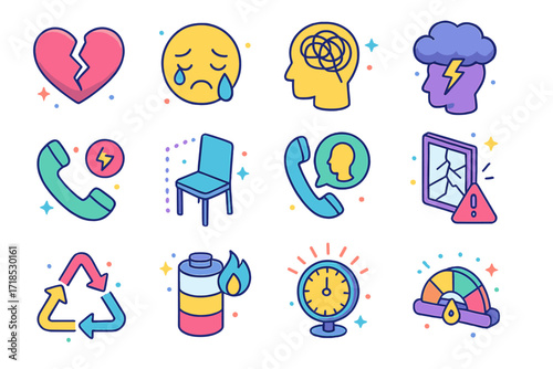 Mental Health Icons. Colorful isometric vector icons set of Mental health in crisis: broken heart, crying face, tangled thoughts, storm cloud over head,