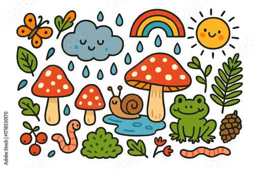 Playful Rainforest Doodles. Colorful Hand-drawn doodle Children illustration Mushrooms after the rain [mushrooms, raindrops, puddle, snail, worm, frog, cloud,