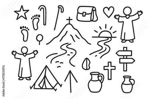 Sacred Pilgrimage Icons. Hand-drawn doodle illustration pilgrimage sacred mountain, footprints, walking stick, travel bag, star, heart, path, open arms,