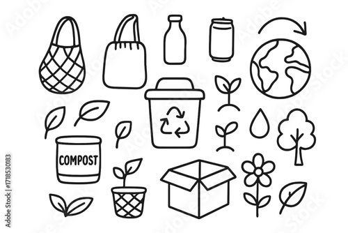 Zero Waste Icons. Hand-drawn doodle illustration Zero waste recycling bin, reusable bag, glass jar, bottle, can, compost bin, leaf, plant sprout, globe, water