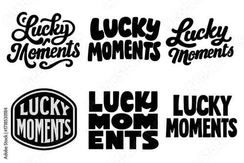 Lucky Lettering Variations. Lucky Moments. Set lettering. harmonious lettering variations of the same emblematic concept (Whimsical curly type with flourishes,