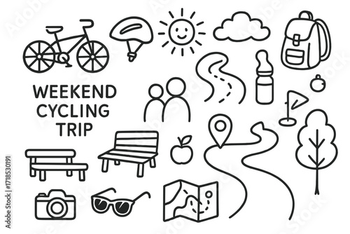 Weekend Cycling Adventure. Hand-drawn doodle illustration Weekend cycling trip child bike, helmet, backpack, family icon, bike trail, sun, clouds, water