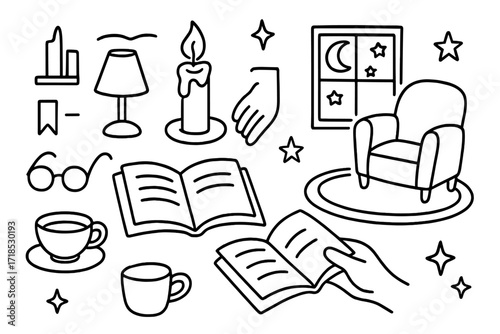 Candlelit Reading Essentials. Hand-drawn doodle illustration Reading by candlelight [open book, candle, wax drip, flame, eyeglasses, armchair, bookmark, night