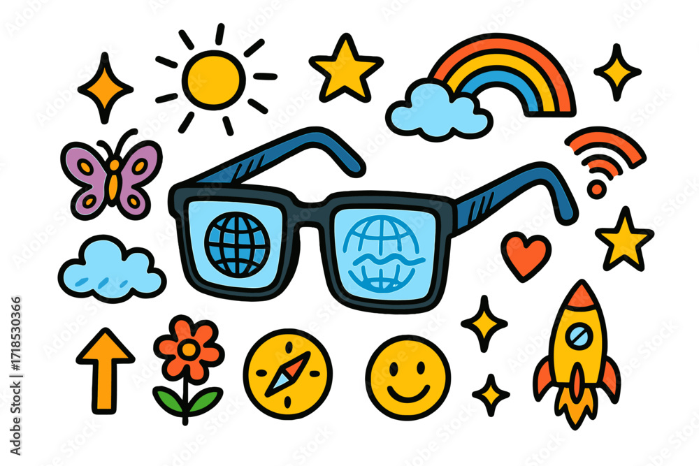 Fototapeta premium Holographic Doodle World. Colorful Hand-drawn doodle Children illustration Glasses with Hologram Display glasses, holographic globe, wifi, compass, arrow, sun,