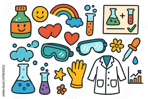 Kids Science Doodles. Colorful Hand-drawn doodle Children illustration kids science fun reagent bottle, smiley face, test tube, rainbow, experiment card,