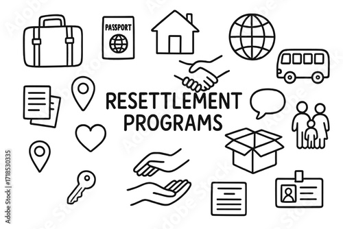 Resettlement Symbols Doodle. Hand-drawn doodle illustration [Resettlement programs] [suitcase, passport, handshake, house, globe, bus, heart, map