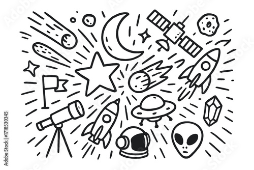 Space Objects Collide. Hand-drawn doodle illustration objects colliding in mid-air Star, Moon, Planet, Comet, Meteor, Satellite, Spaceship, Rocket, UFO,