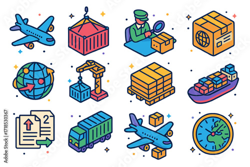 Isometric Shipping Icons Set. Colorful isometric vector icons set of international shipping logistics: cargo airplane, shipping container, customs inspection,