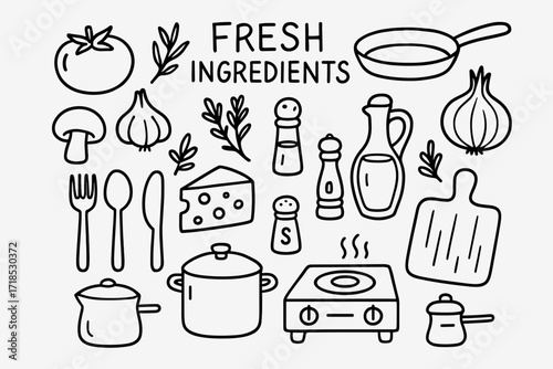 Fresh Kitchen Elements. Hand-drawn doodle illustration Fresh Ingredients tomato, garlic, herbs, onion, mushrooms, bottle of oil, cheese, salt shaker, pepper