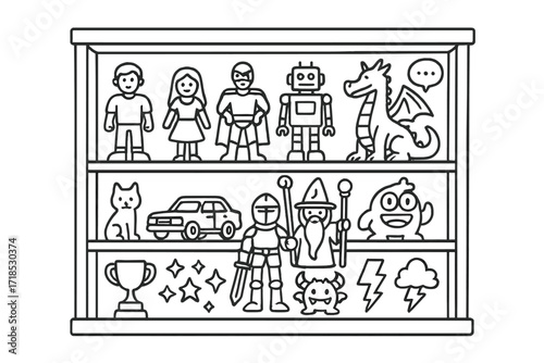 Collector's Shelf Icons. Collector?s shelf. Hand-drawn doodle illustration collector?s shelf display case, action figure, doll, superhero, robot, dragon,