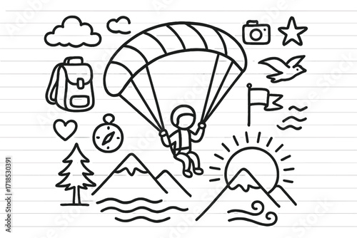Paragliding Adventure Doodles. Hand-drawn doodle illustration paragliding sunset paraglider, parachute, sun, mountain, tree, bird, cloud, star, backpack,