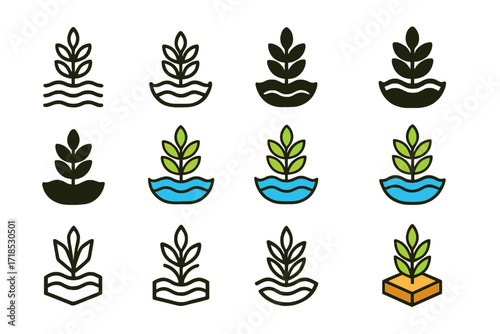 Flood-Resistant Rice Logos. Set Logo of Climate-resistant crops: Flood-resistant rice plant. Logo set in vector style, emblematic variations. line, bold thick