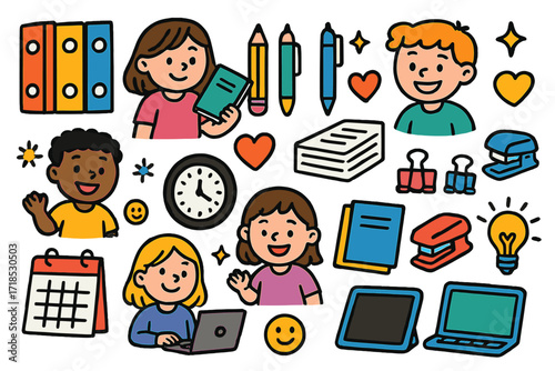 Colorful Work Station. Colorful Hand-drawn doodle Children illustration Organizing Work Materials folders, notebooks, pencils, pens, paper stack, binder clips,