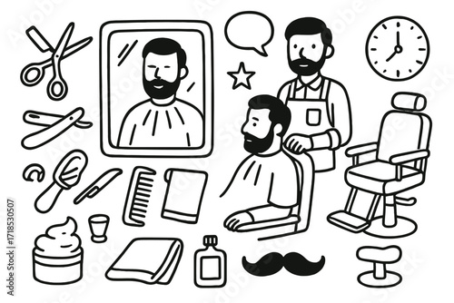 Barbershop Doodle Elements. Hand-drawn doodle illustration barbershop mirror reflection mirror, barber figure, client, razor, scissors, comb, brush, shaving
