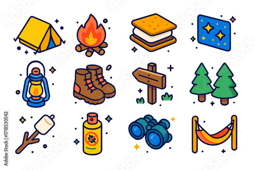 Camping Adventure Icons. Colorful isometric vector icons set of Camping and Nature Stops: pitched tent, campfire, s'mores kit, starry sky view, lantern, hiking
