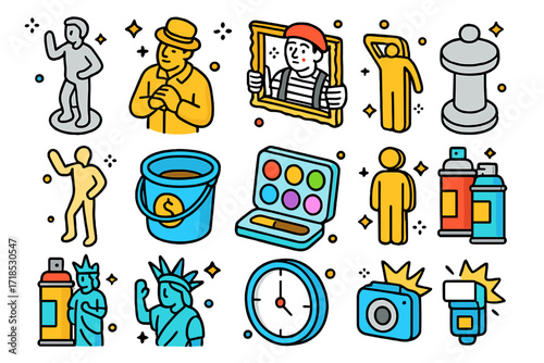 Colorful Living Statues Icons. Colorful isometric vector icons set of living statues: silver-painted figure, gold-painted performer, mime with frame, pedestal,